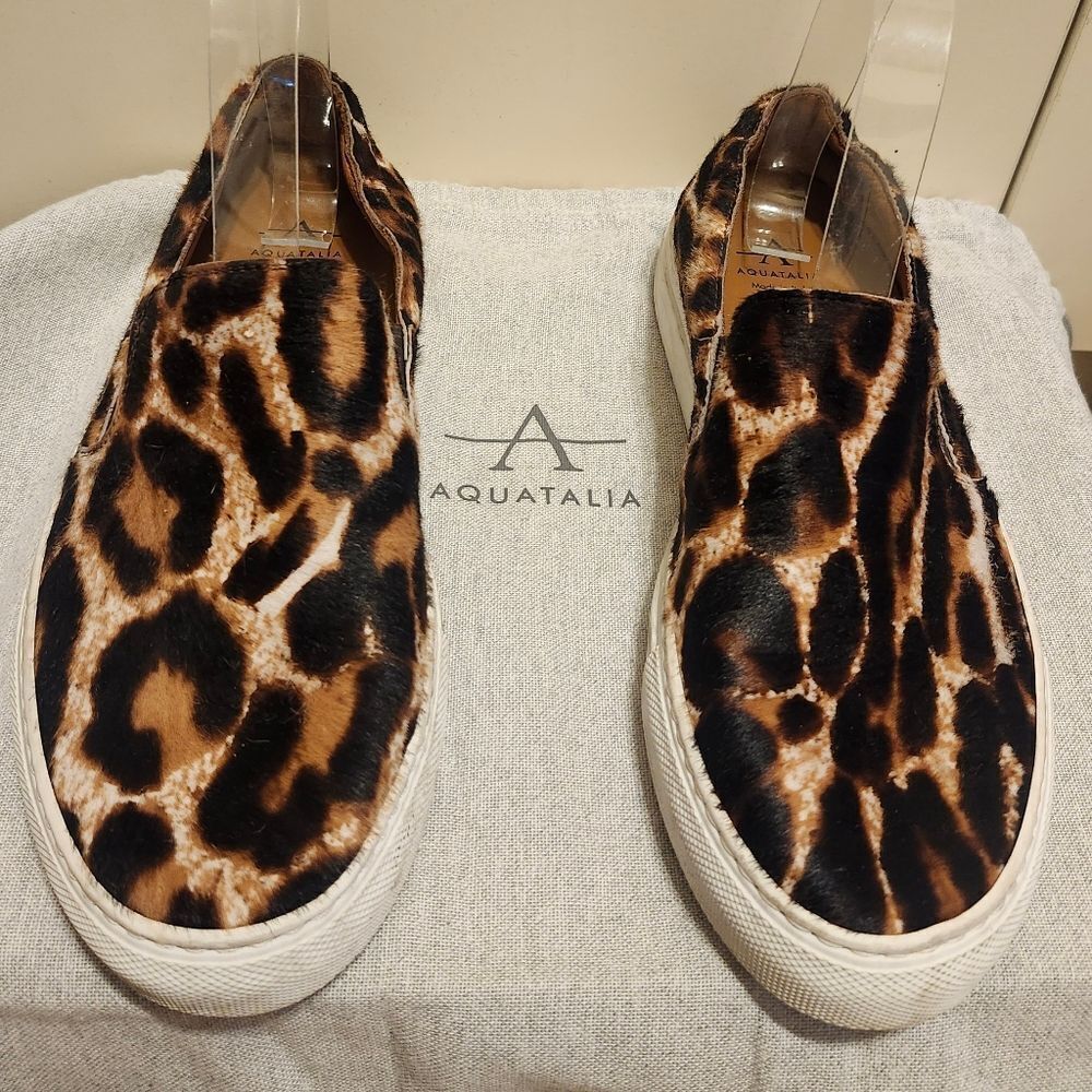 Aquatalia Leopard Print Calfshair/Leather Slip-on Sneakers Sz.7.5 $395 w/Dustbag